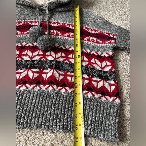 YET AGAIN Fair Isle Sweater Sherpa-lined Hoodie Pom-Pom Drawstring Gray & Red M - Picture 8 of 8
